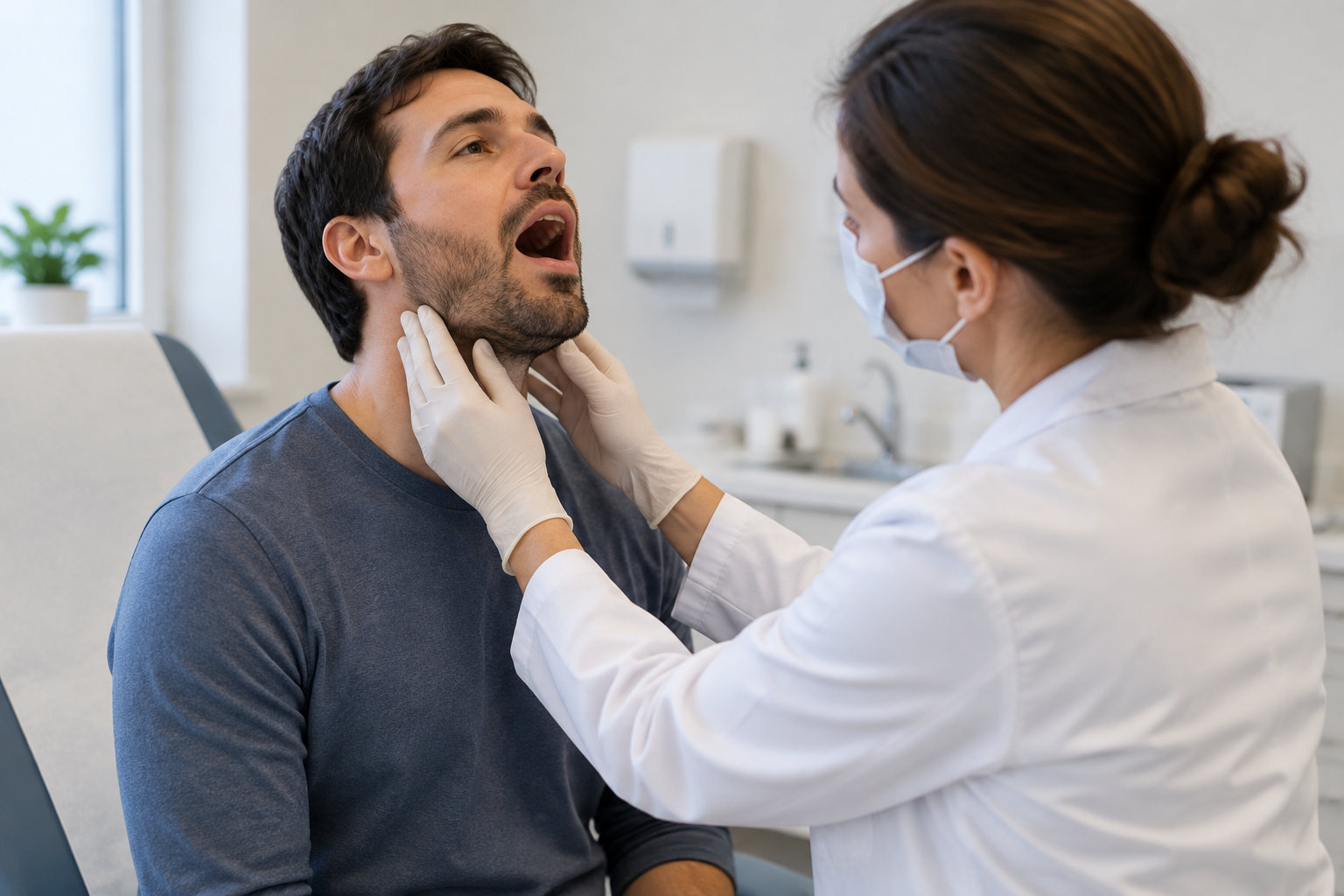 Une professionnelle de santé portant un masque et des gants examine la gorge d’un homme assis, la bouche ouverte, dans un cabinet médical.