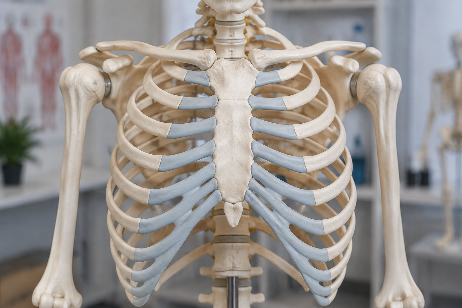 Une maquette du squelette humain montre la cage thoracique, le sternum, les clavicules et les bras dans une salle de cours.