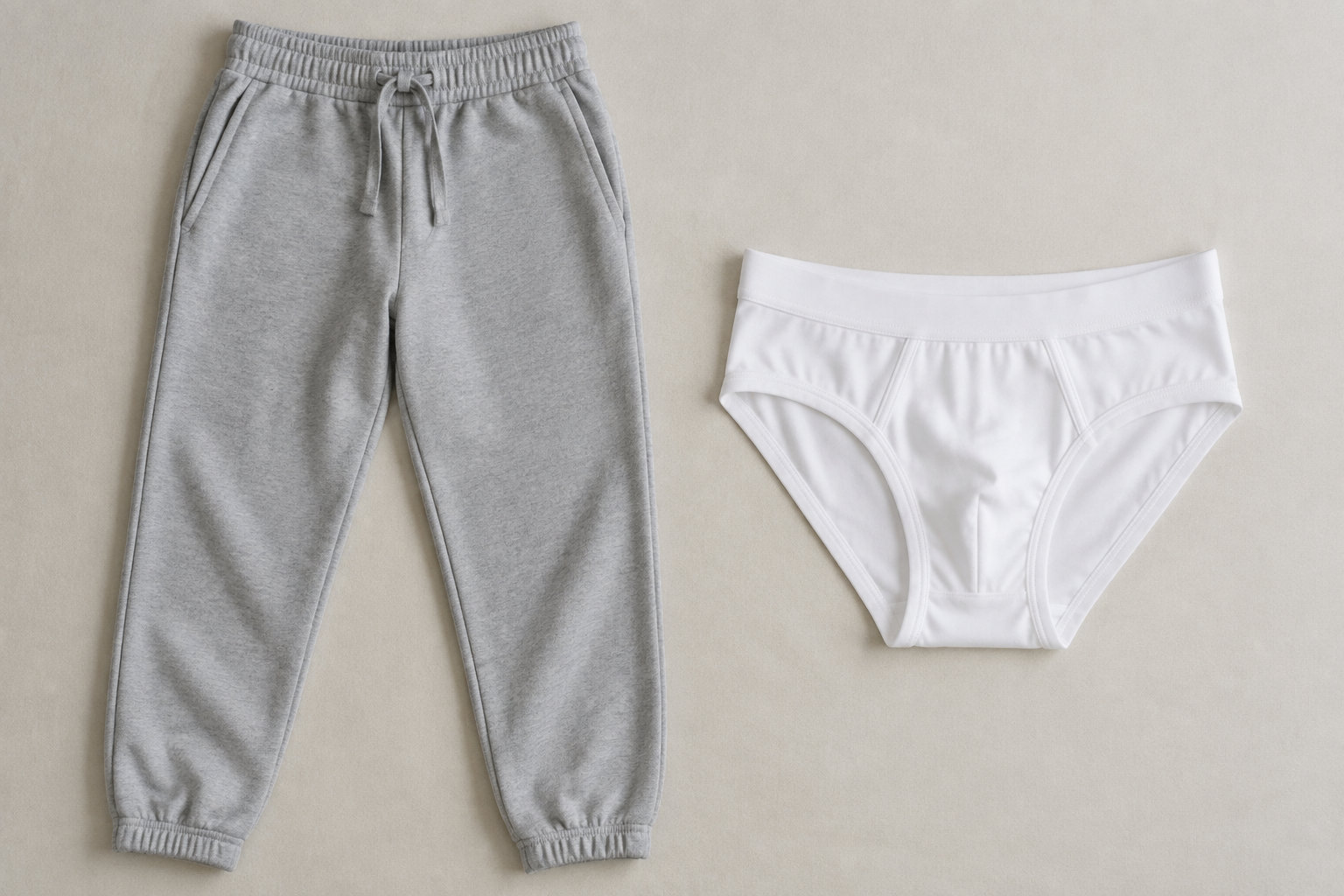 Un pantalon de jogging gris et un sous-vêtement blanc sont posés côte à côte sur un fond beige.