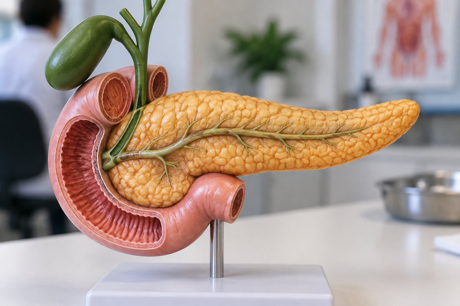 Une maquette anatomique du pancréas et des organes voisins est posée sur une table dans une salle médicale.