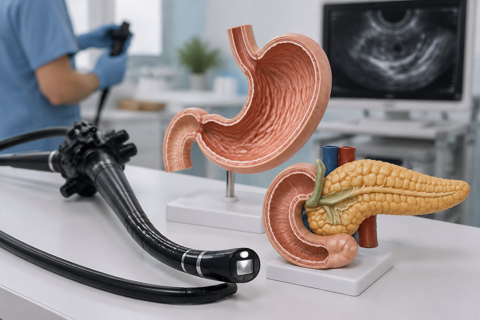 Un endoscope et des modèles anatomiques de l’estomac, du pancréas et du duodénum sont disposés sur une table, avec un écran d’échographie à l’arrière-plan.