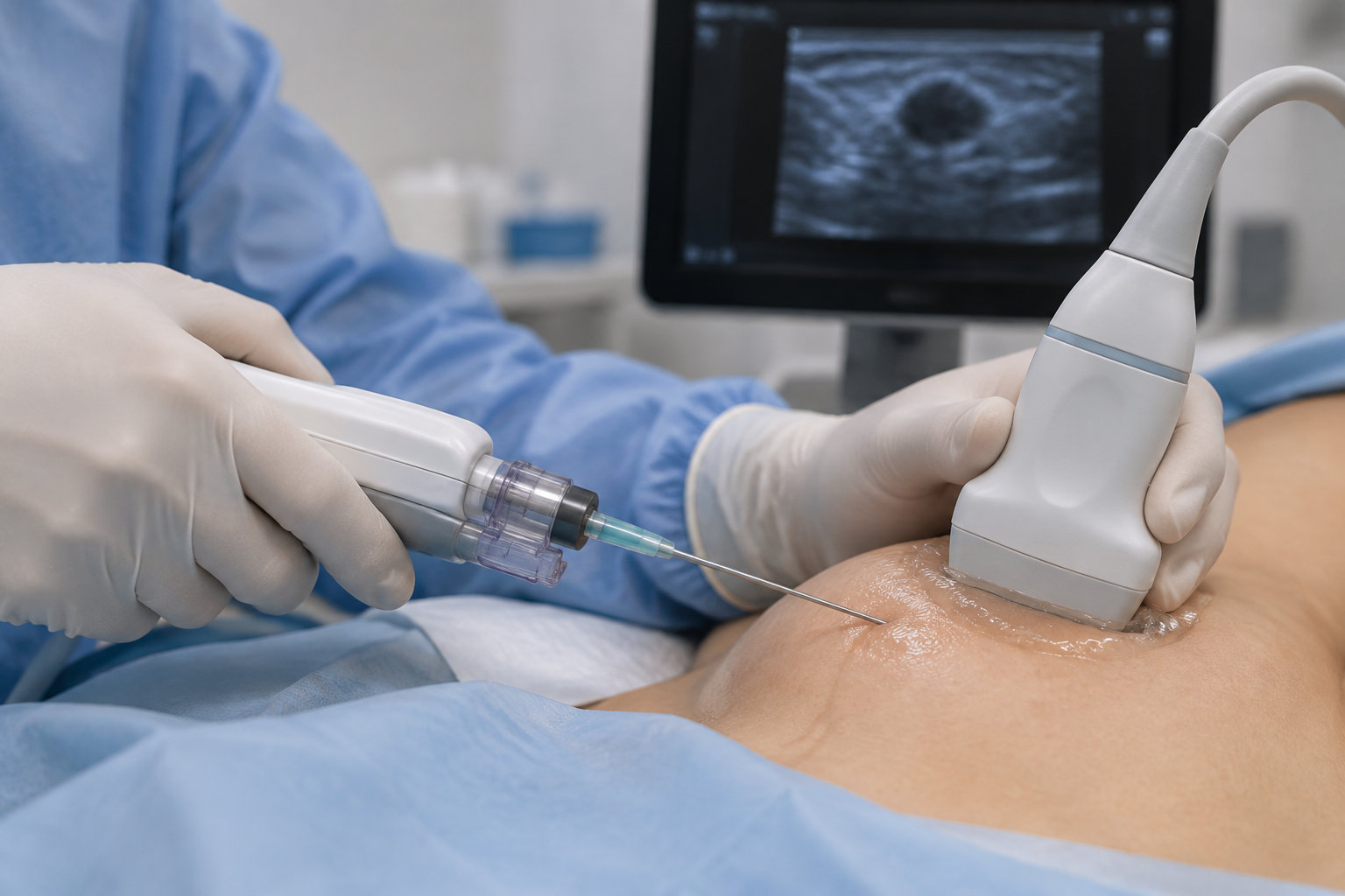 Un professionnel de santé en gants examine l’abdomen d’une personne avec une sonde d’échographie et une seringue munie d’une aiguille, tandis qu’un écran affiche une image échographique.