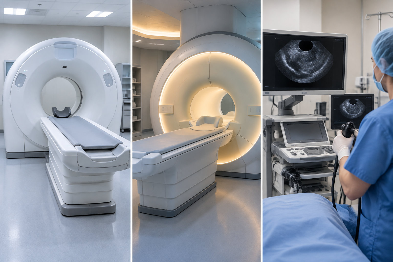 Montage de deux appareils d’imagerie médicale et d’un médecin examinant un patient à l’aide d’un appareil d’échographie.