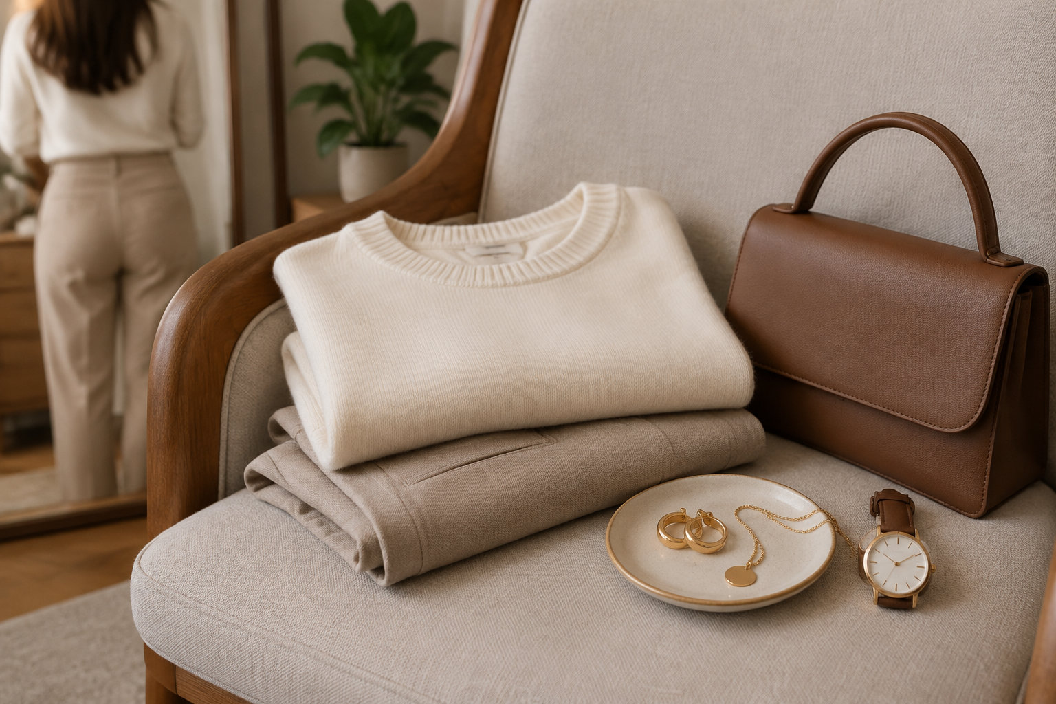 Un pull blanc et un pantalon beige pliés sont posés sur un fauteuil, à côté d’un sac brun, d’un plateau avec des bijoux et d’une montre, tandis qu’une personne se tient devant un miroir à l’arrière-plan.