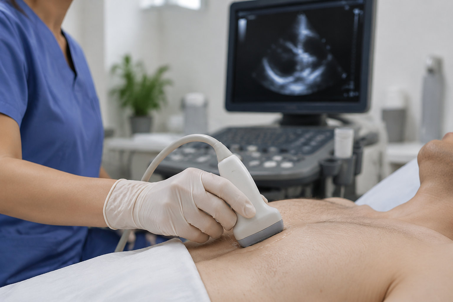 Une professionnelle de santé passe une sonde d’échographie sur l’abdomen d’une personne allongée, tandis qu’un écran affiche une image médicale.