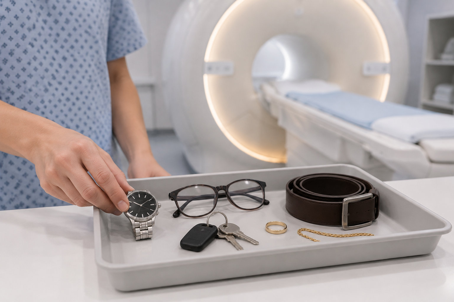 Une personne en blouse médicale dépose une montre dans un plateau contenant des lunettes, des clés, une bague, une chaîne et une ceinture, devant un appareil d’imagerie médicale.