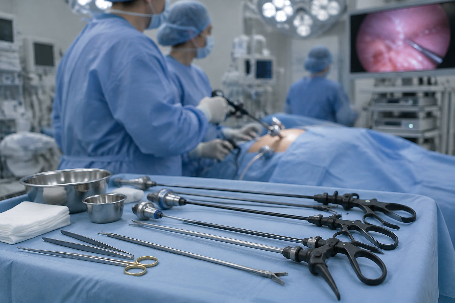 Des membres du personnel médical réalisent une intervention chirurgicale sous endoscopie, tandis que des instruments sont disposés sur une table au premier plan.