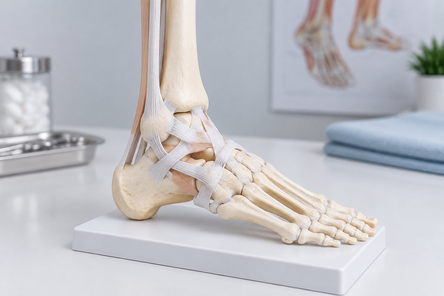 Une maquette anatomique du pied et de la cheville, montrant les os et les ligaments, repose sur un socle blanc dans une pièce claire.