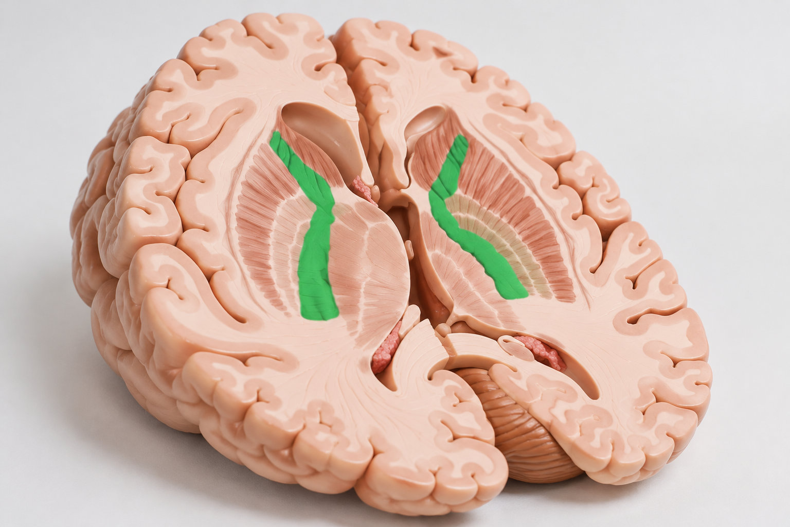 Modèle anatomique d’un cerveau coupé en deux, avec des zones vertes mises en évidence.