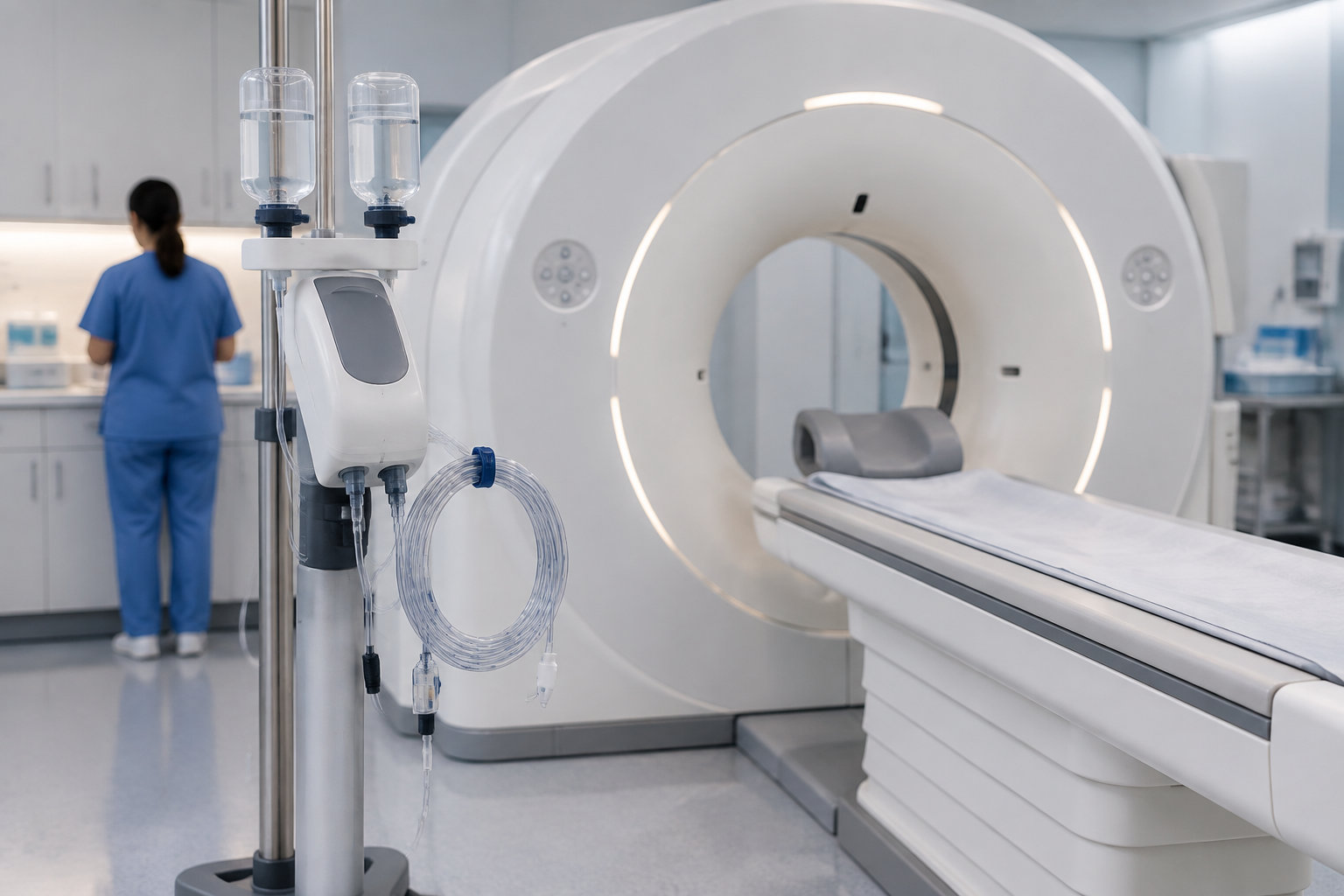 Une salle d’imagerie médicale avec un appareil en forme d’anneau, une table d’examen et une soignante en blouse bleue de dos.