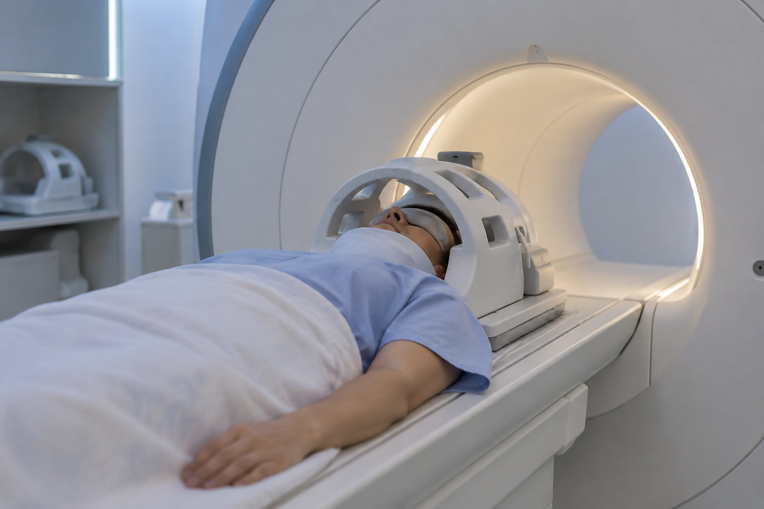 Une personne allongée sur la table d’un appareil d’imagerie médicale, la tête maintenue dans un support circulaire.
