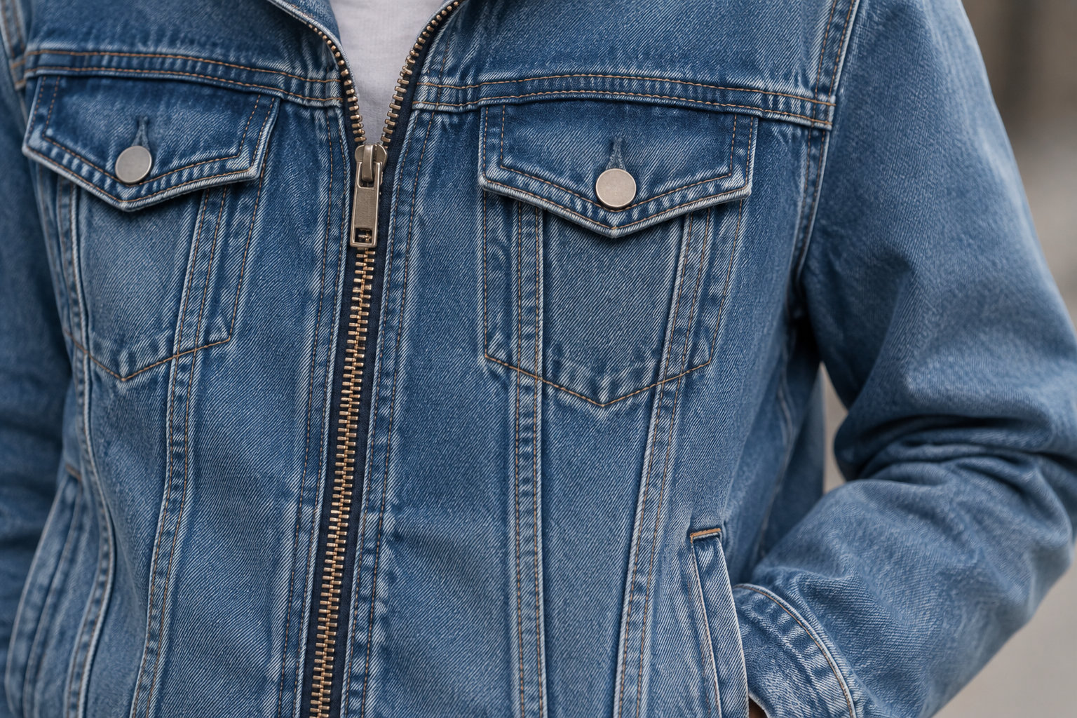 Gros plan sur le torse d’une personne portant une veste en jean zippée à poches boutonnées.
