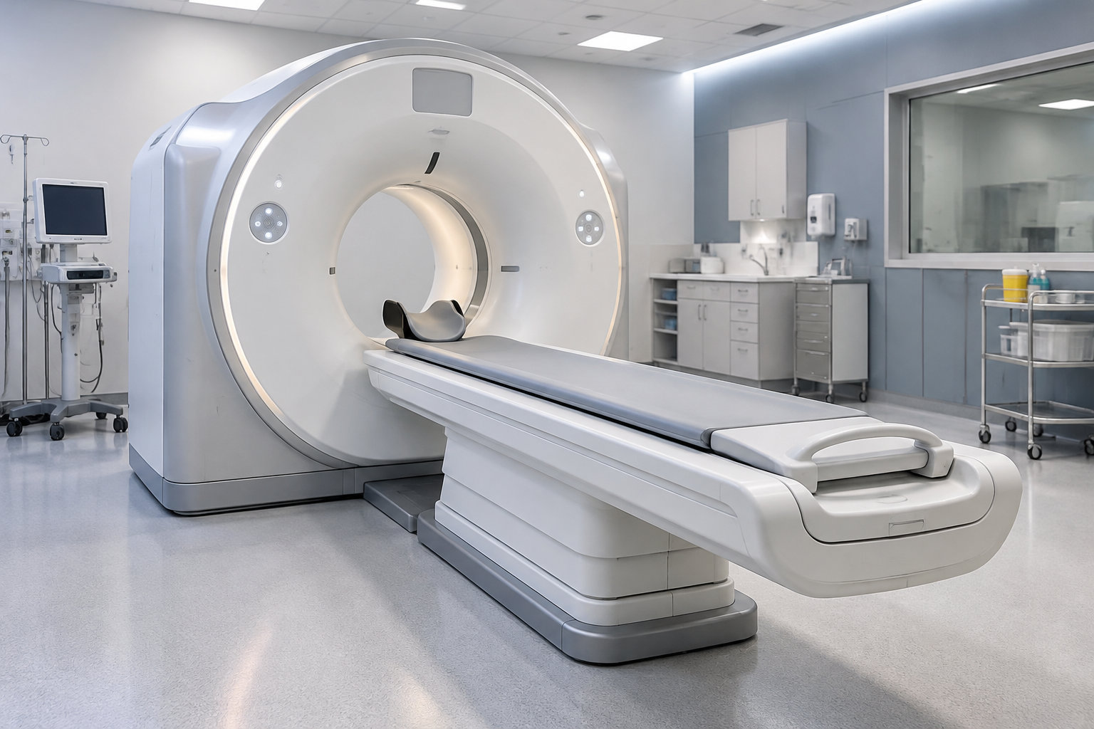Un appareil d’imagerie médicale avec une table d’examen est installé dans une salle clinique vide.