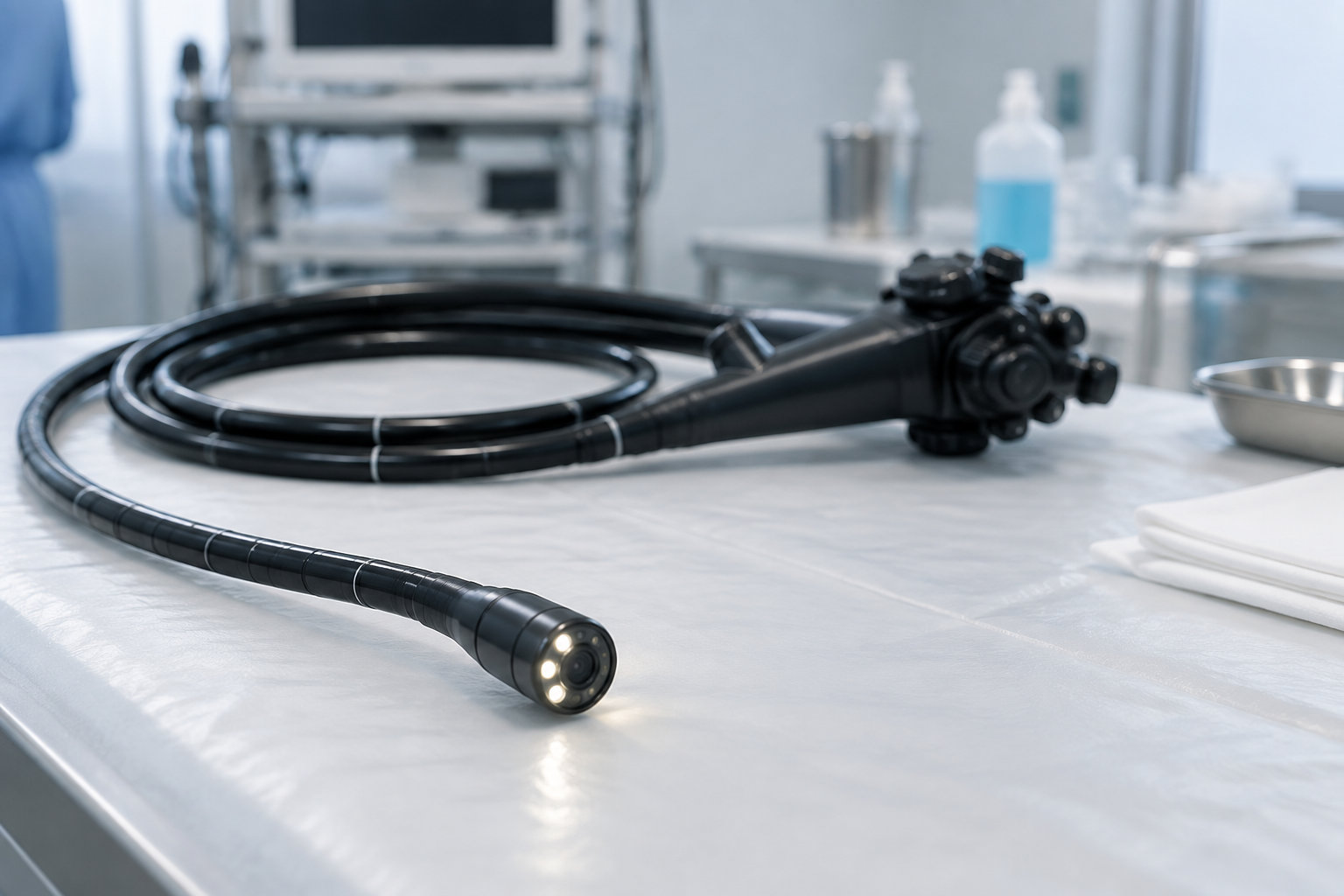 Un endoscope noir est enroulé sur une table blanche, dans une salle médicale où l’on distingue du matériel et des flacons en arrière-plan.