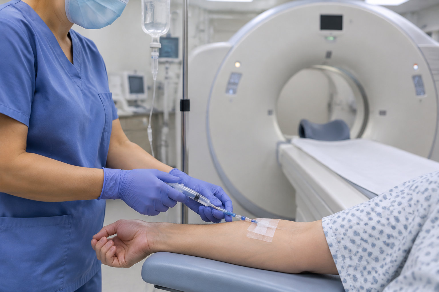 Un soignant en blouse bleue prépare une injection dans le bras d’un patient, devant un appareil d’imagerie médicale.