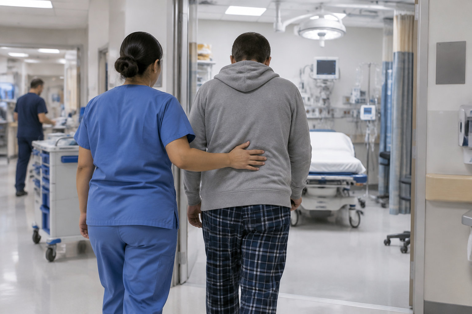 Une soignante en tenue bleue accompagne un homme en sweat gris dans un service hospitalier.