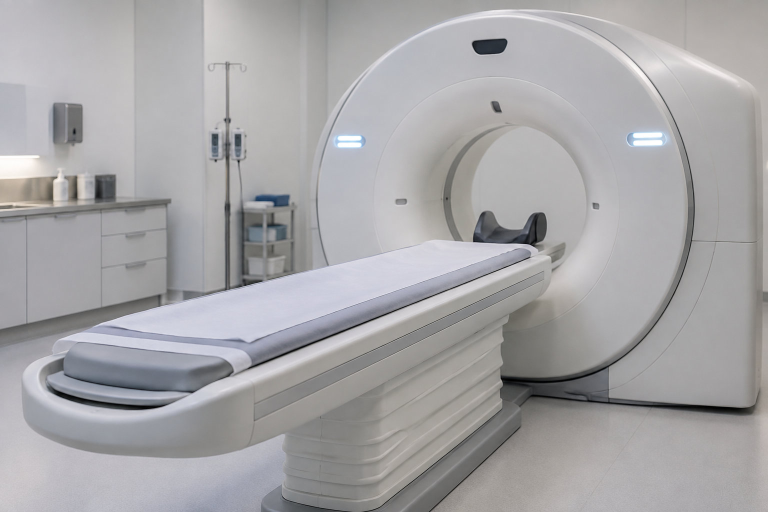 Un appareil d’imagerie médicale avec une table rembourrée se trouve dans une salle d’examen vide.