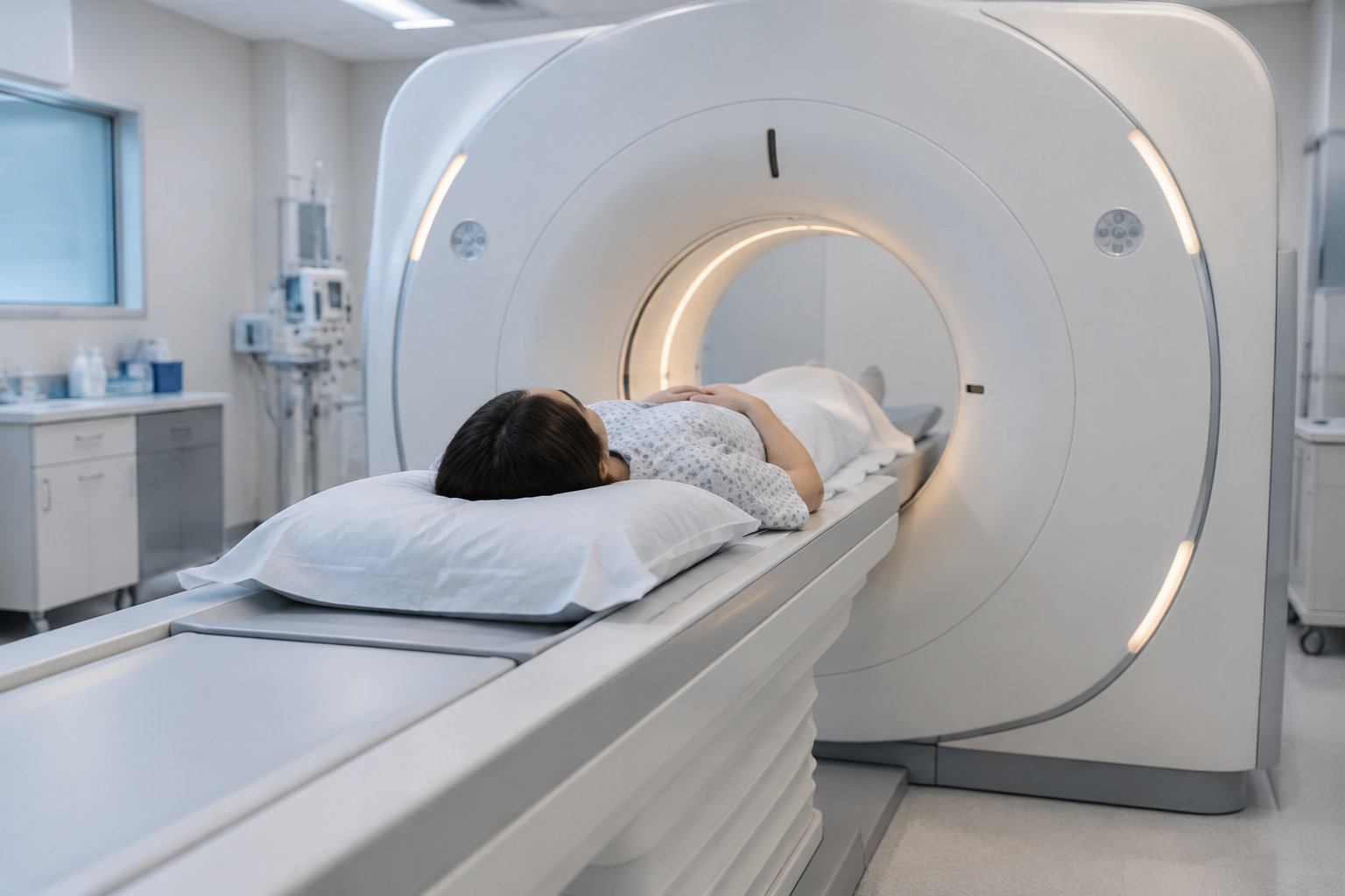 Une personne allongée sur une table d’examen entre dans un appareil d’imagerie médicale circulaire, dans une salle de soins.