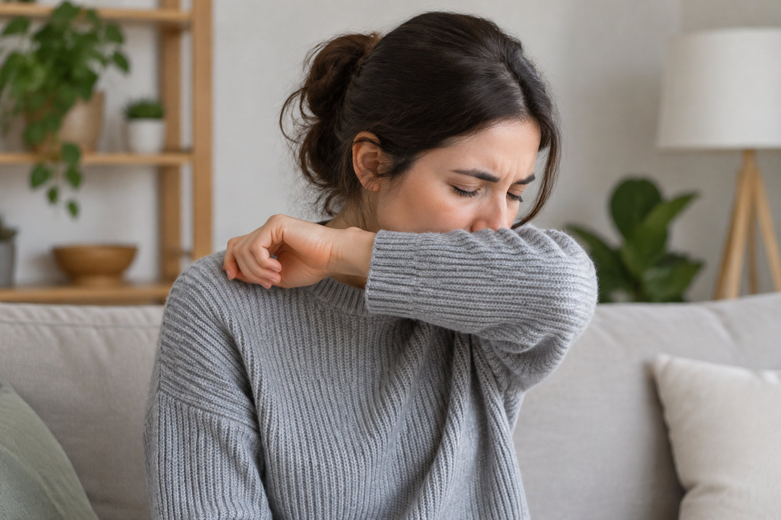 Une femme en pull gris tousse dans le creux de son coude, assise sur un canapé dans un salon décoré de plantes.