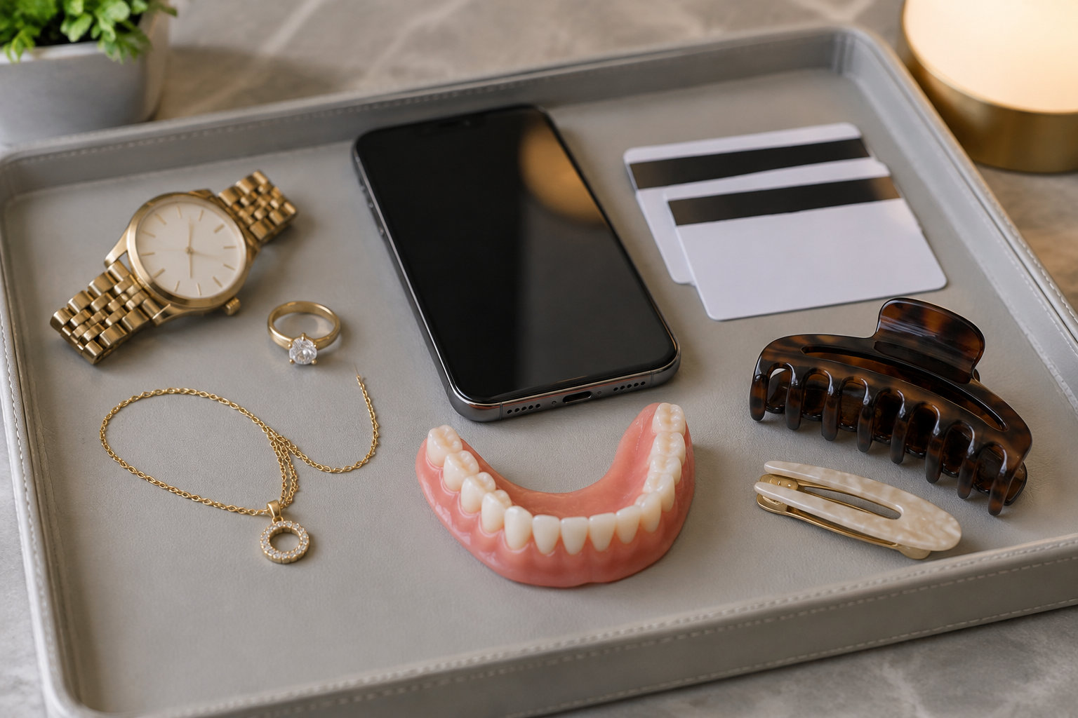Un dentier, un téléphone éteint, deux cartes sans texte lisible, une montre, des bijoux et des accessoires pour cheveux sont disposés sur un plateau.