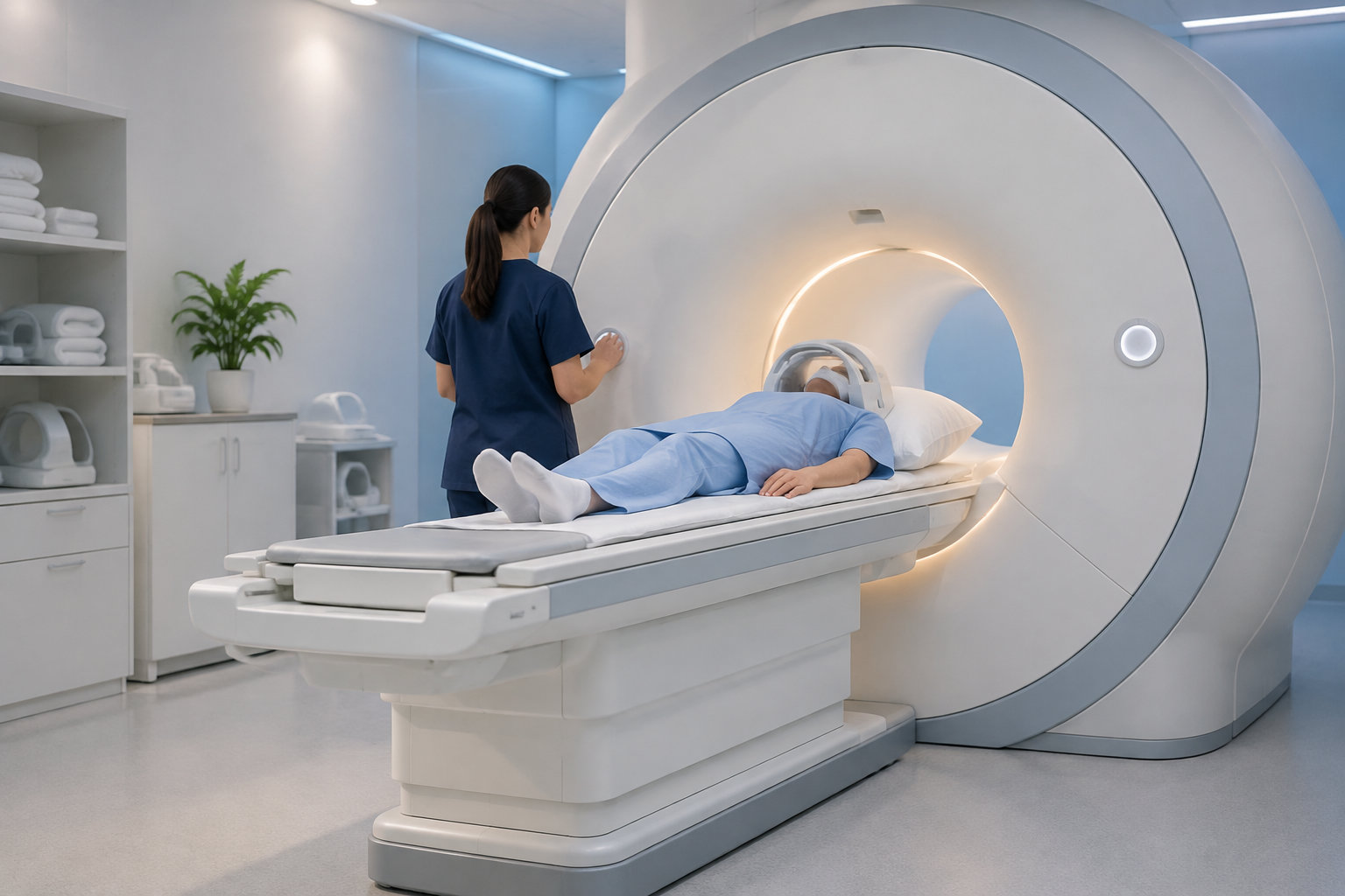 Une soignante règle un appareil d’imagerie médicale tandis qu’un patient allongé sur la table porte une blouse bleue.