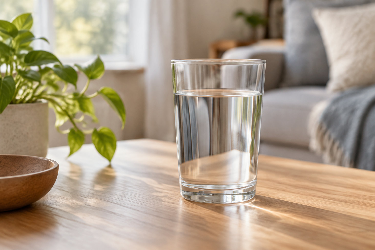 Un verre d’eau est posé sur une table en bois, près d’une plante verte et d’un bol, dans un salon lumineux.