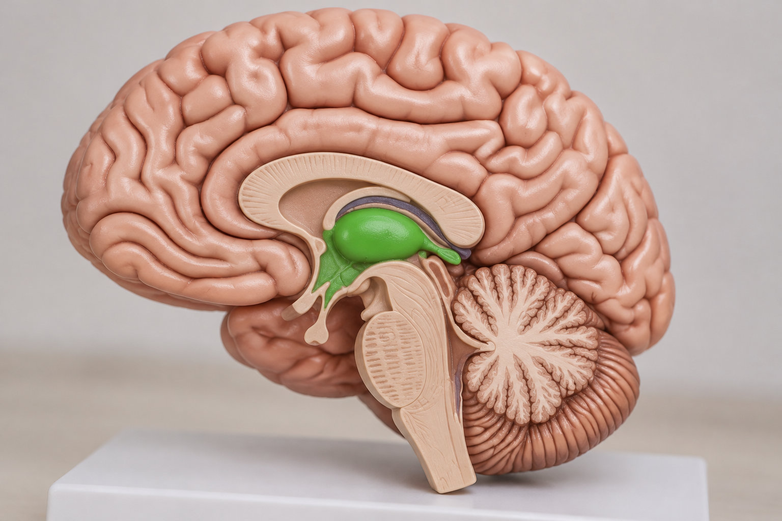 Une maquette anatomique du cerveau en coupe sagittale, avec une structure centrale verte, est posée sur un socle blanc.
