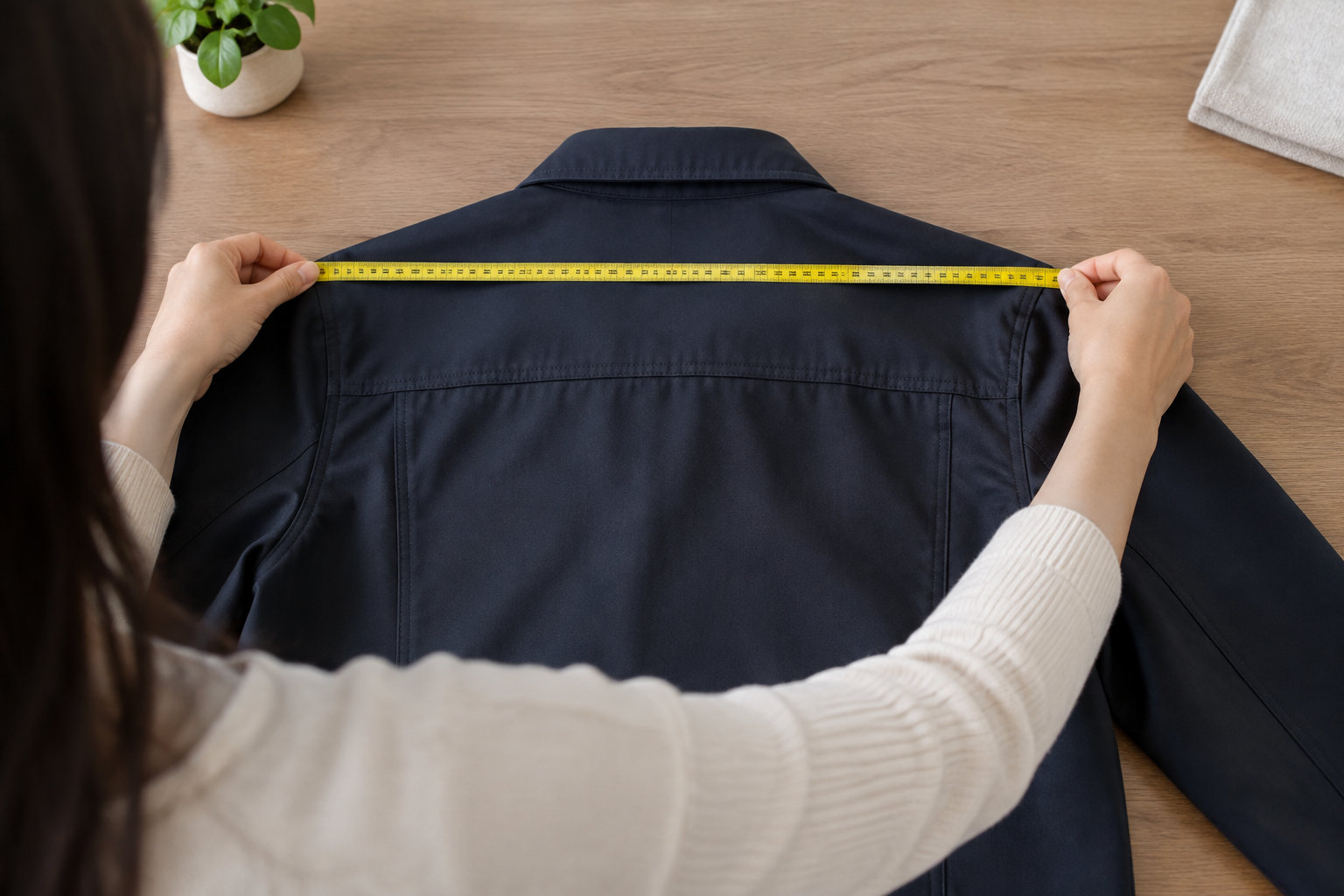 Une personne mesure la largeur des épaules d’une veste sombre à l’aide d’un mètre ruban jaune, sur une table en bois.