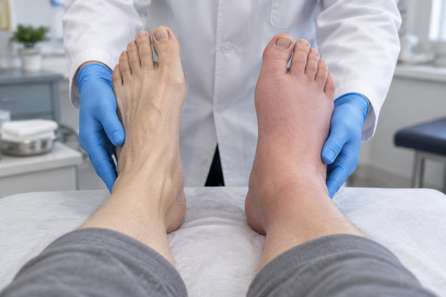 Un professionnel de santé ganté tient les pieds d’une personne, dont l’un est nettement rouge et gonflé.