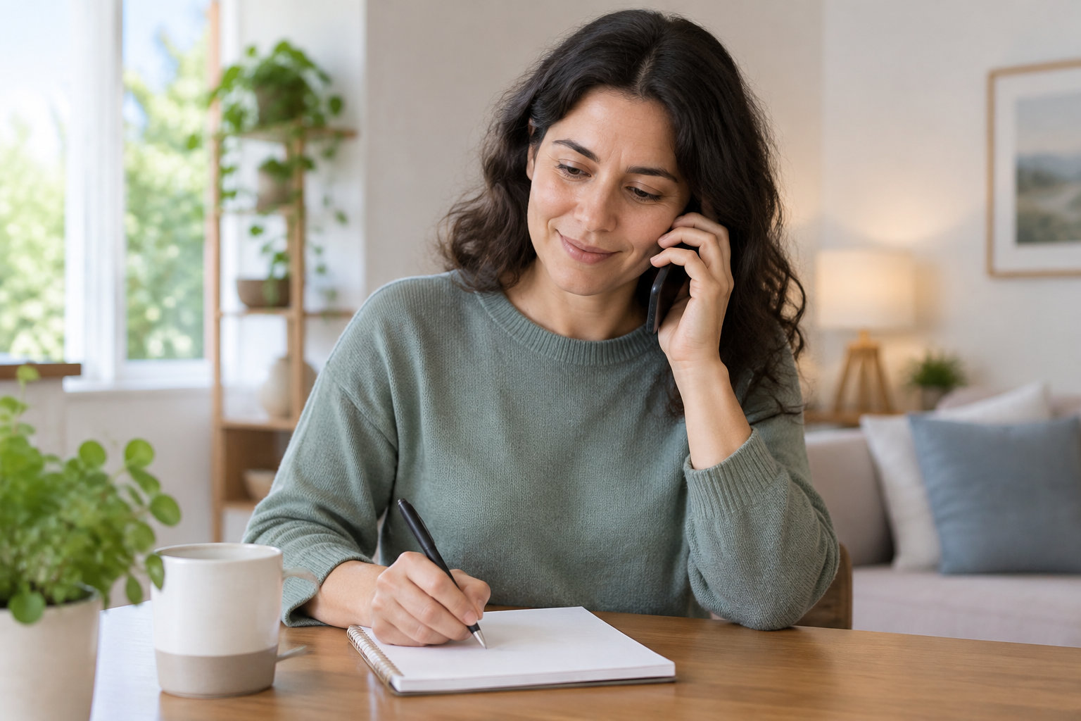 Une femme parle au téléphone tout en écrivant dans un carnet, assise à une table dans un salon lumineux.