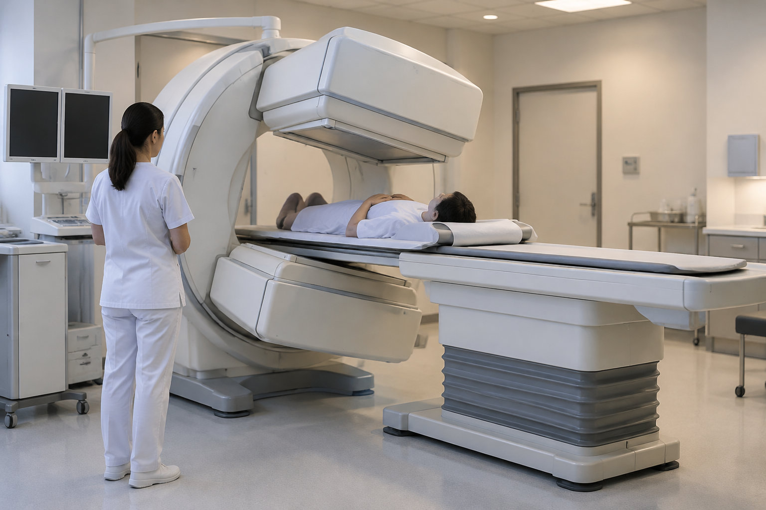 Une soignante se tient près d’un patient allongé sur une table d’examen, sous un grand appareil d’imagerie médicale, dans une salle d’hôpital.