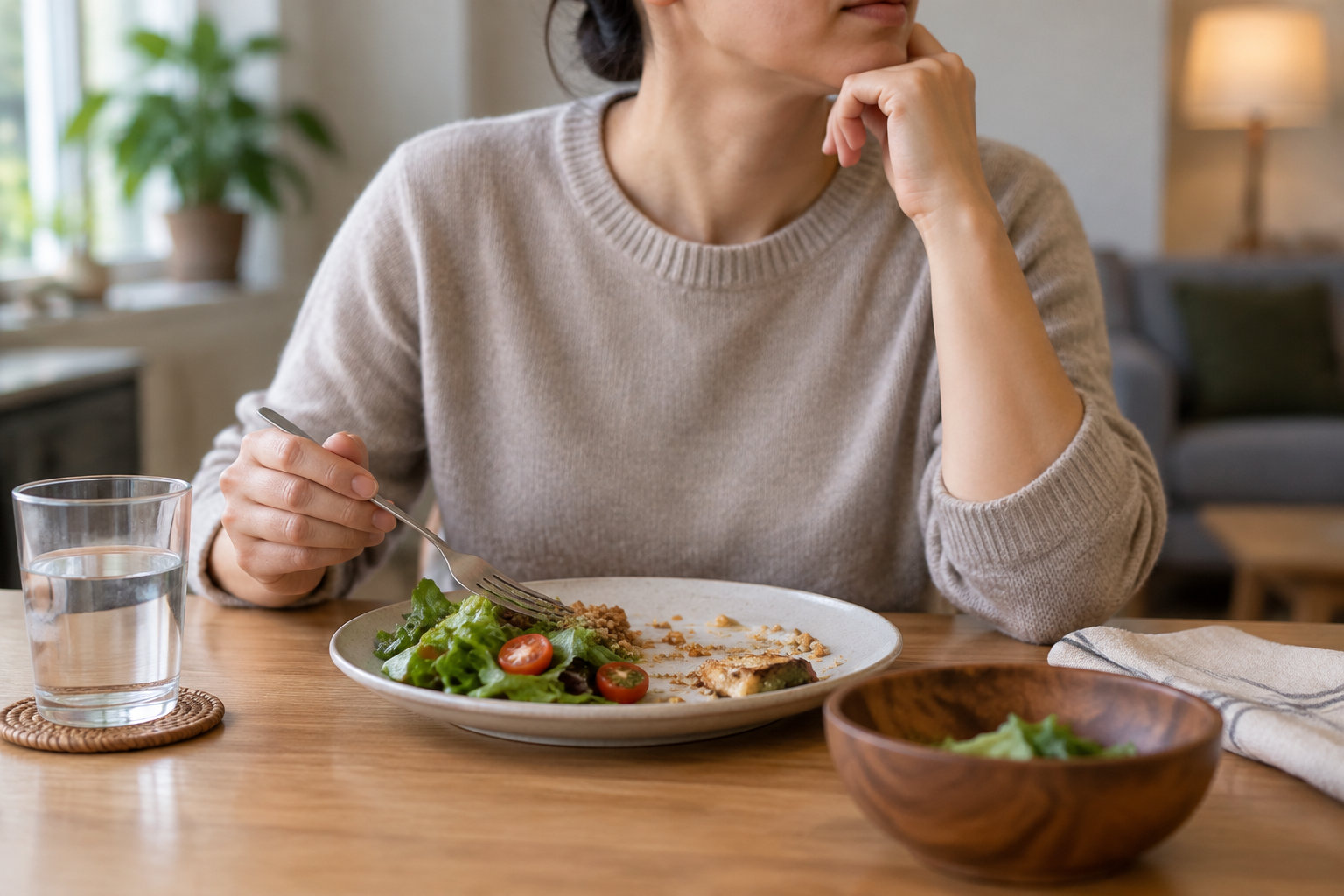 Une personne, vêtue d’un pull beige, mange une salade à table, avec un verre d’eau et un bol en bois devant elle.