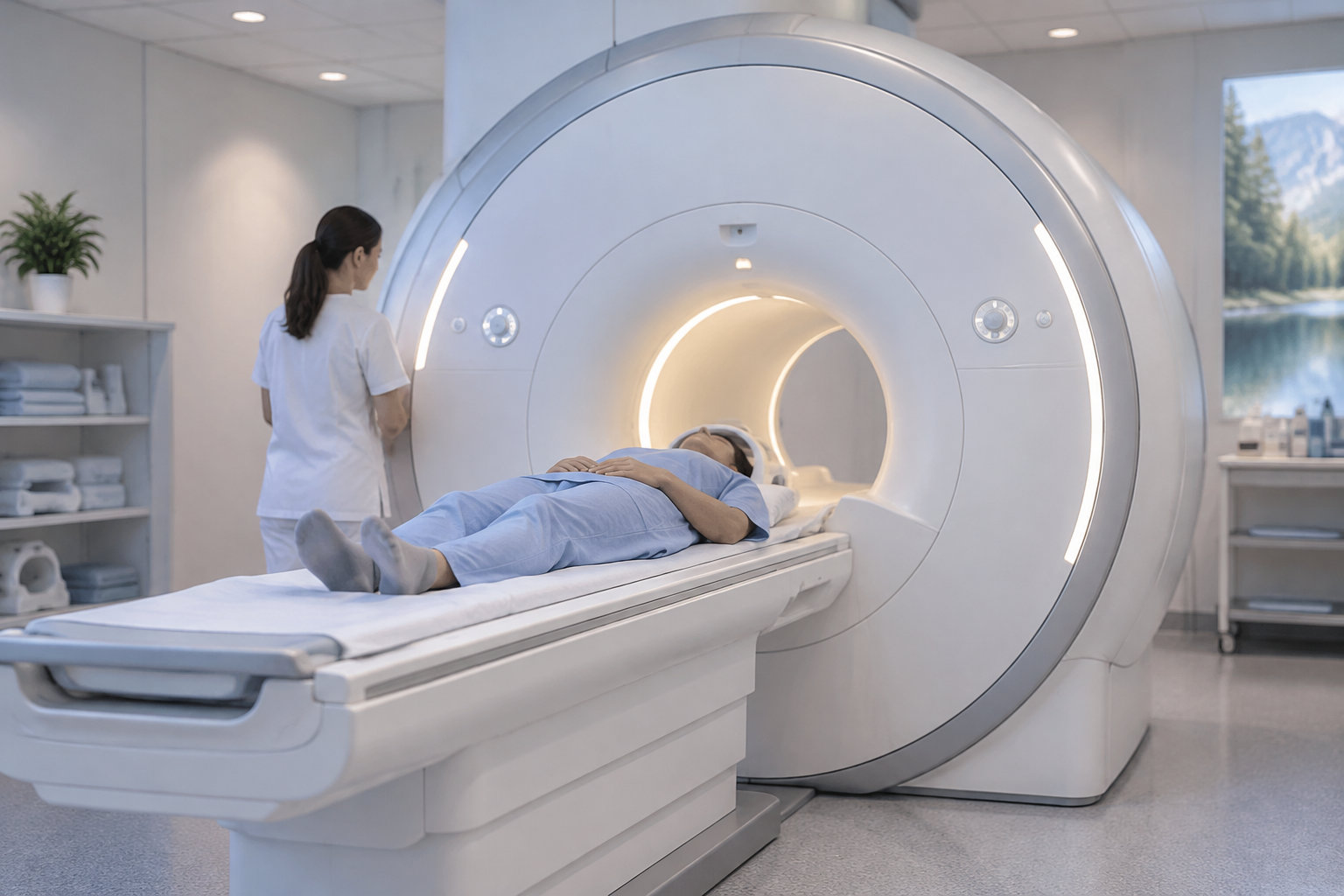 Une patiente allongée sur la table d’un appareil d’imagerie médicale, accompagnée d’une soignante dans une salle d’examen.