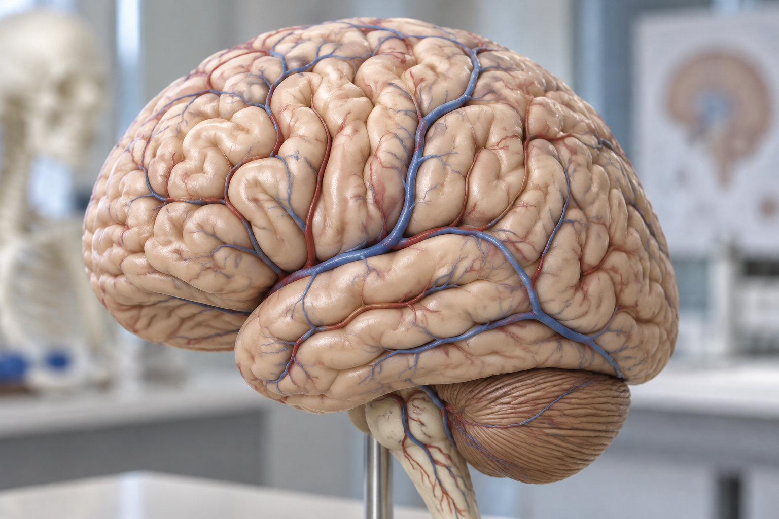 Une maquette de cerveau humain avec ses vaisseaux sanguins est exposée sur un support dans une salle de laboratoire.