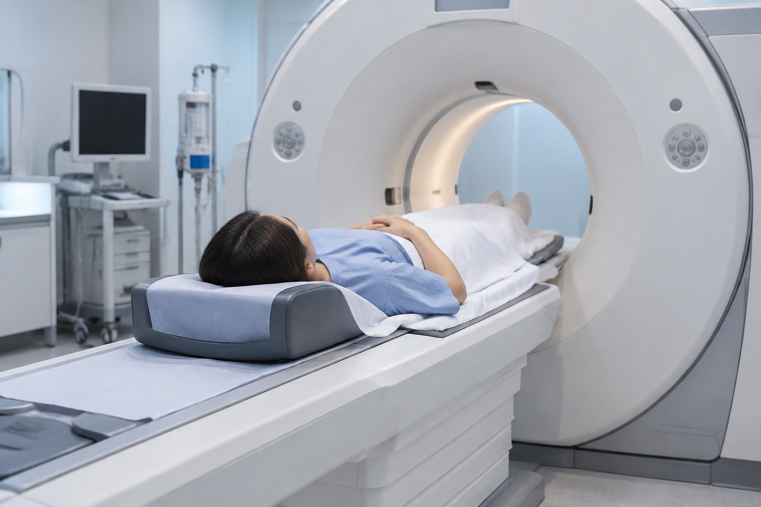 Une personne allongée sur une table d’examen est installée dans un appareil d’imagerie médicale, dans une salle de soins.