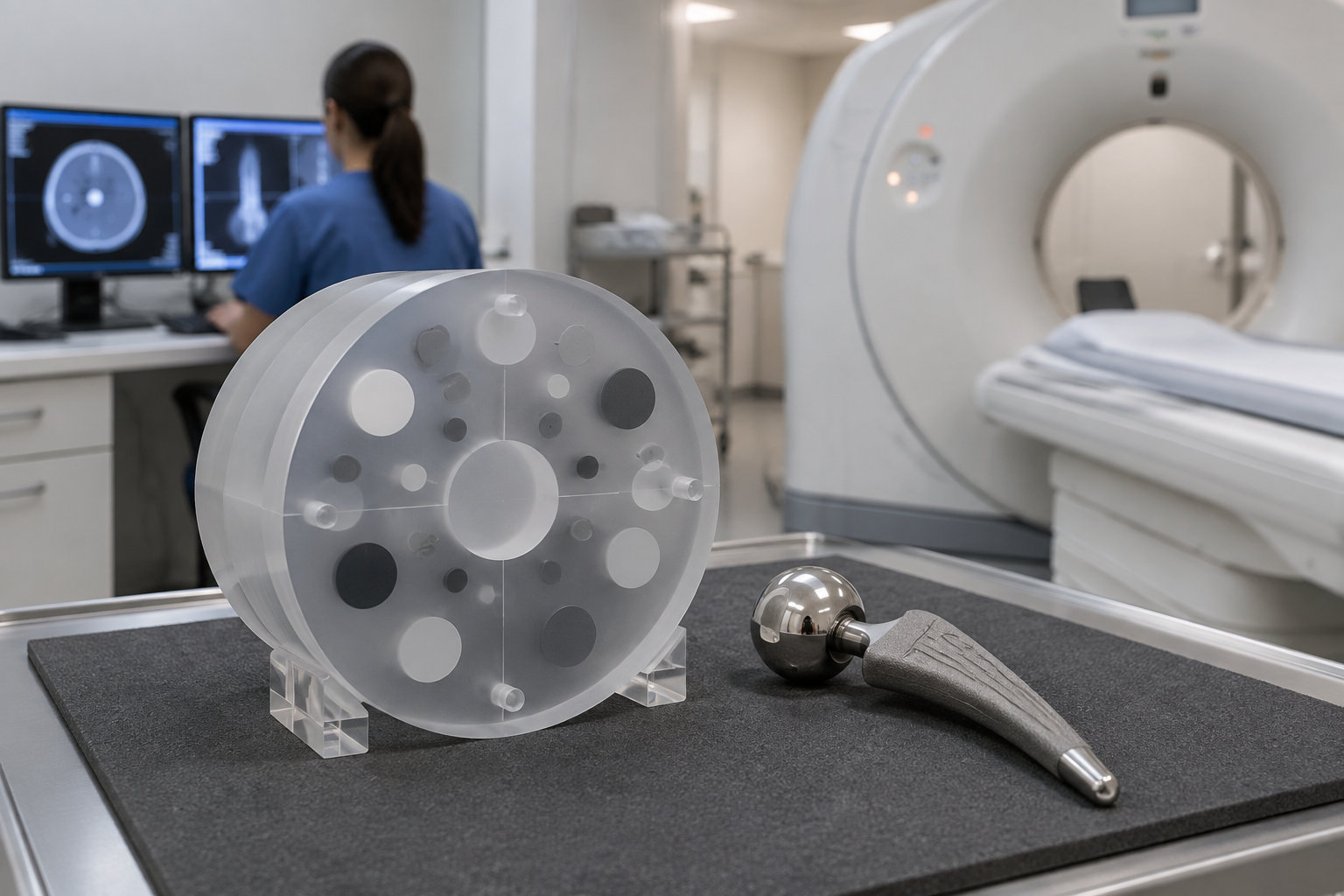 Un modèle circulaire transparent et une prothèse métallique sont posés sur une table, devant un appareil d’imagerie médicale et des écrans montrant des radiographies.