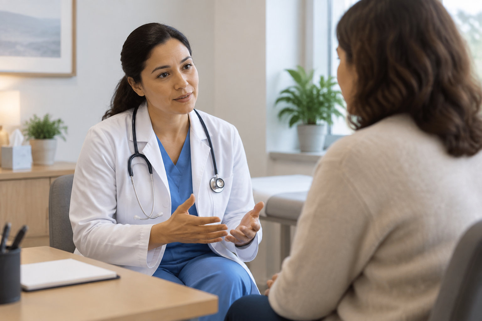 Une médecin en blouse blanche, avec un stéthoscope, échange avec une patiente assise dans un cabinet médical.