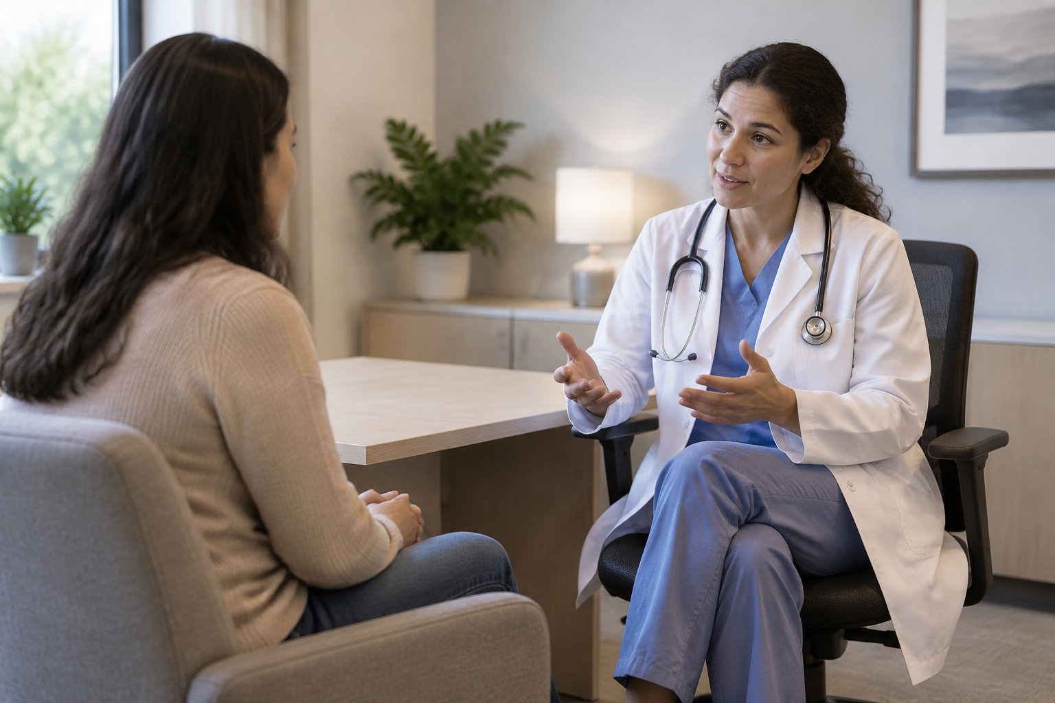 Une médecin en blouse blanche, avec un stéthoscope, parle à une patiente assise dans un cabinet.