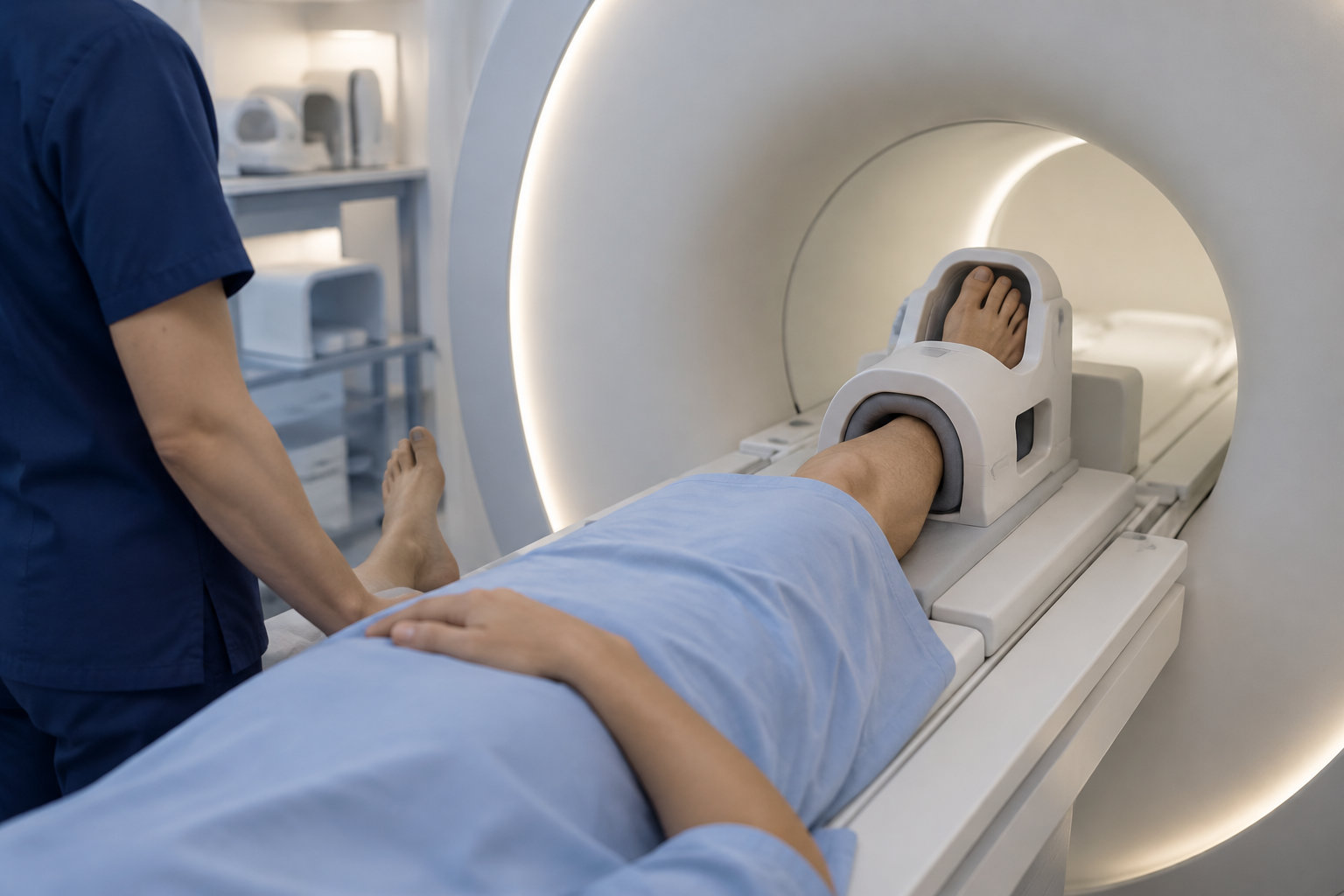 Une personne allongée sous un drap bleu est installée dans un appareil d’imagerie médicale, tandis qu’un membre du personnel en tenue bleue se tient à côté.