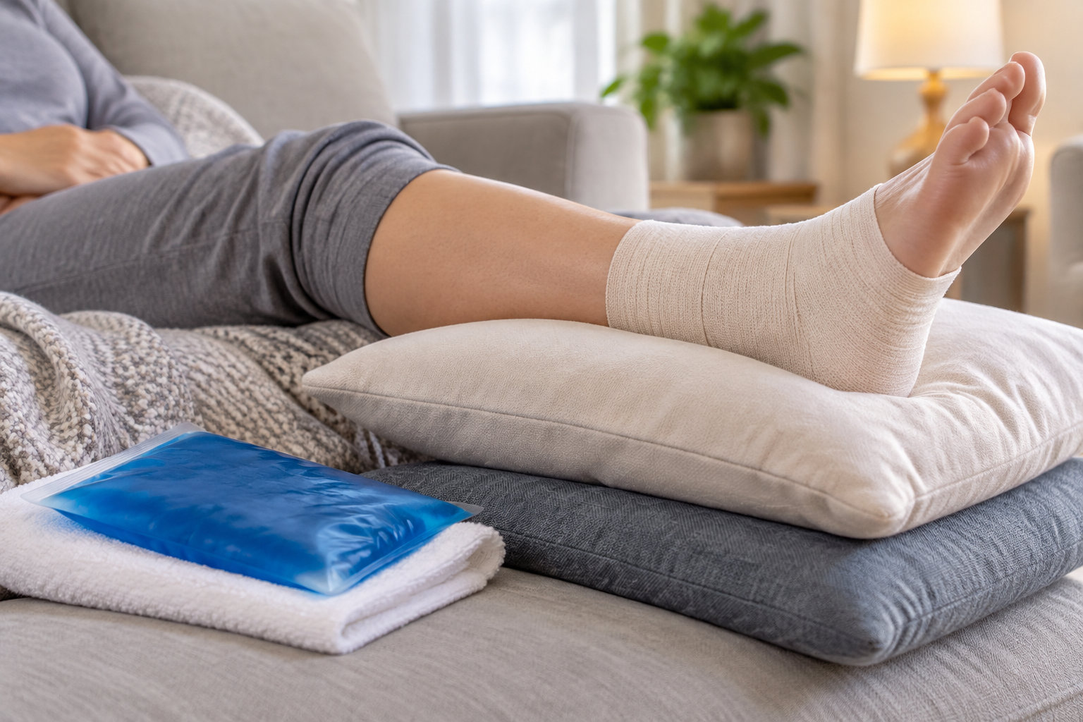Une personne allongée sur un canapé a le pied bandé et surélevé sur un coussin, tandis qu’une poche de froid repose sur une serviette au premier plan.