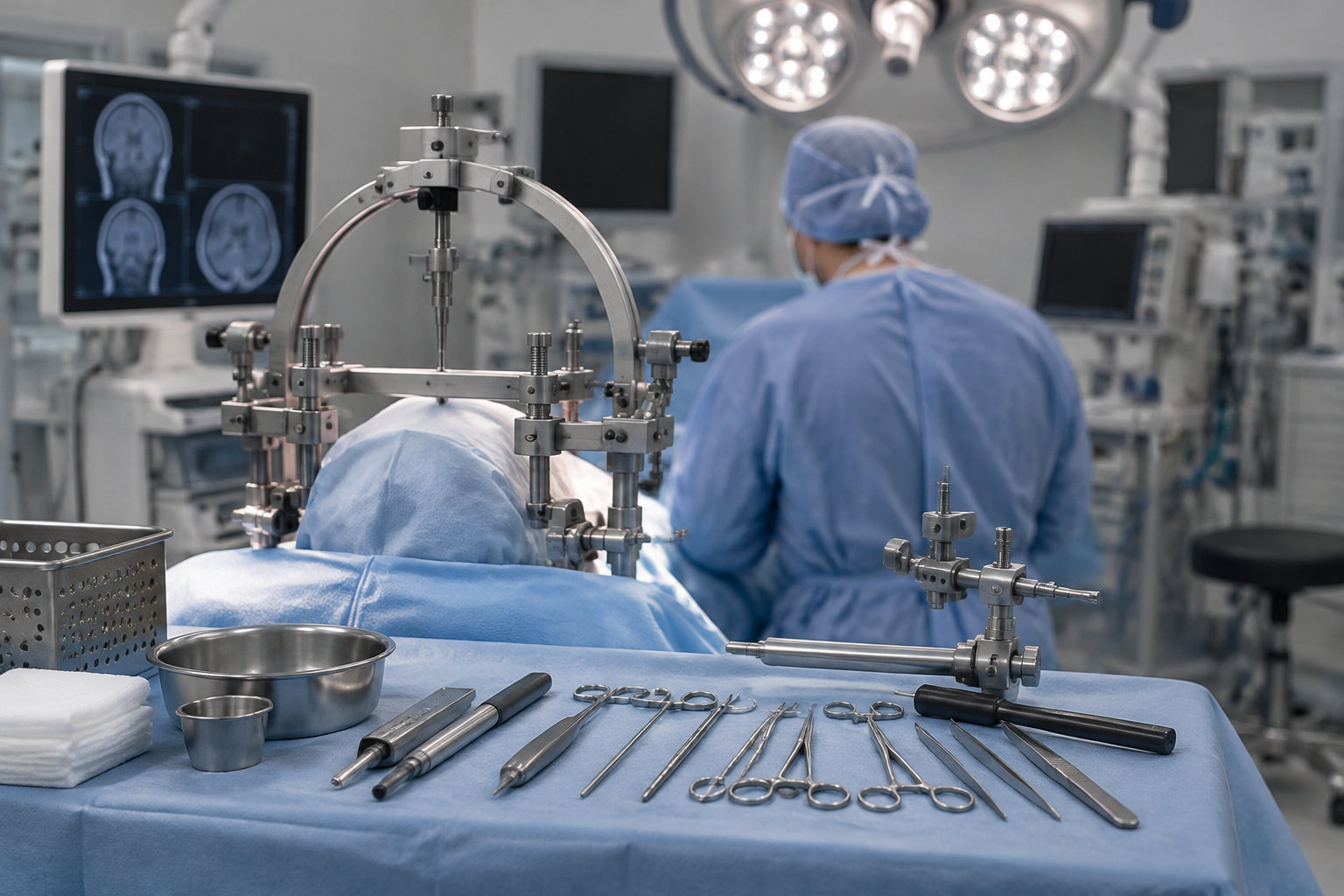 Une salle d’opération avec un patient couvert de champs bleus, un membre du personnel en tenue chirurgicale, des instruments disposés sur une table et des images cérébrales affichées sur un écran.