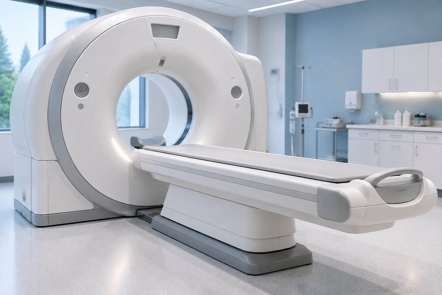 Un appareil d’imagerie médicale avec une table coulissante se trouve dans une salle de soins vide.