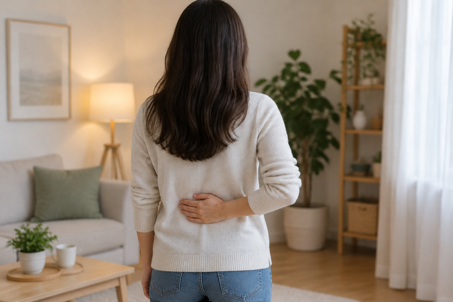 Une femme vue de dos pose une main sur son ventre dans un salon lumineux.