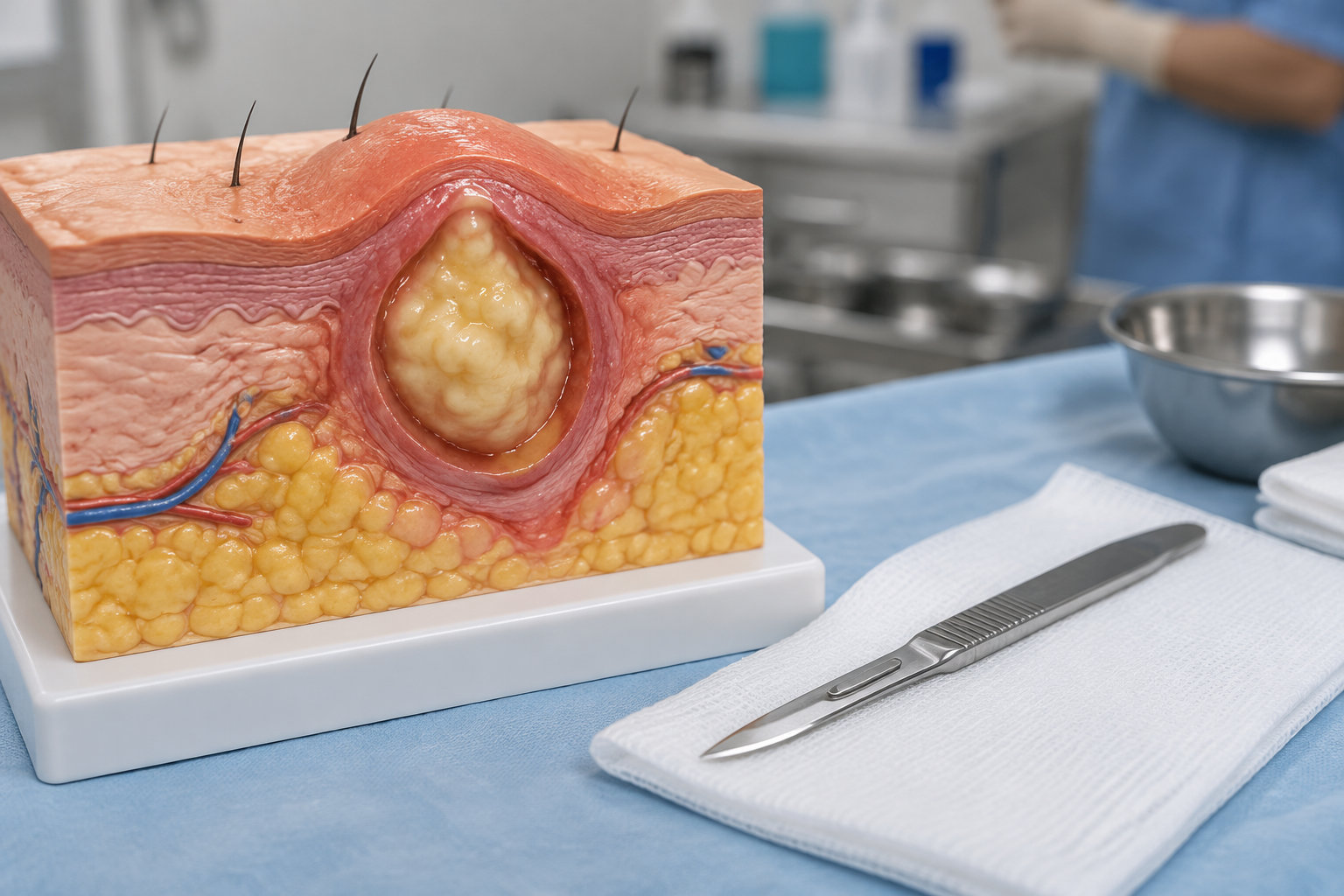 Une maquette en coupe de la peau montrant une lésion, avec un scalpel posé sur un linge dans un environnement médical.
