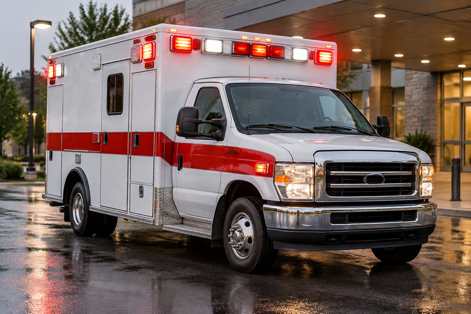 Une ambulance blanche à bande rouge, gyrophares allumés, est stationnée sur une chaussée mouillée devant un bâtiment éclairé.