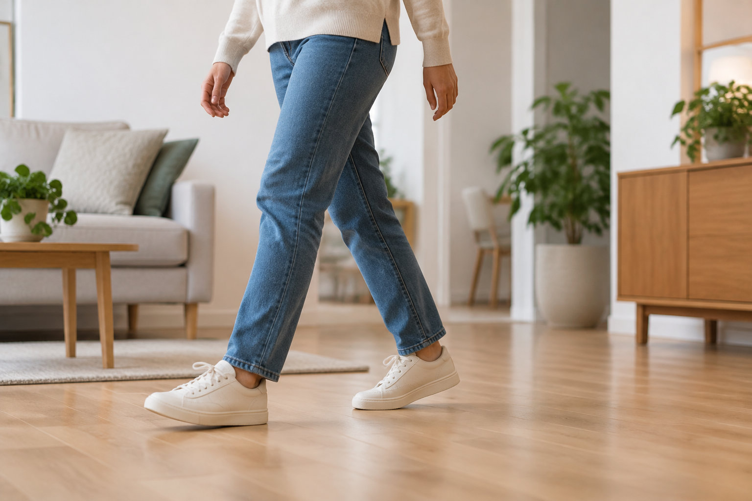 Une personne marche dans un salon lumineux, vêtue d’un pull beige, d’un jean bleu et de baskets blanches.