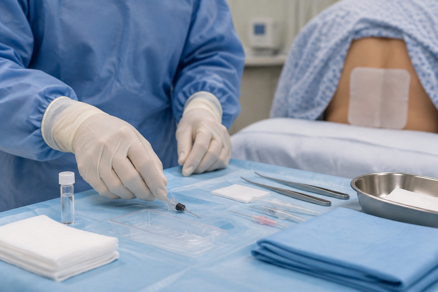 Une personne gantée prépare une seringue sur un champ opératoire bleu, entourée d’instruments, de compresses et d’un flacon, tandis qu’un patient est allongé en arrière-plan.