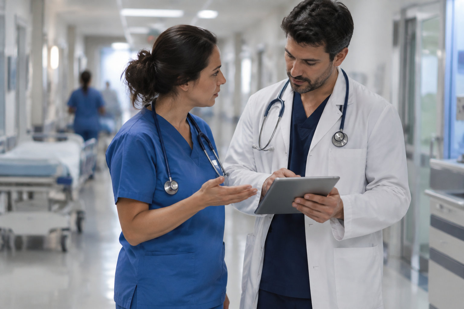Une infirmière en blouse bleue discute avec un médecin en blouse blanche qui tient une tablette dans un couloir d’hôpital.