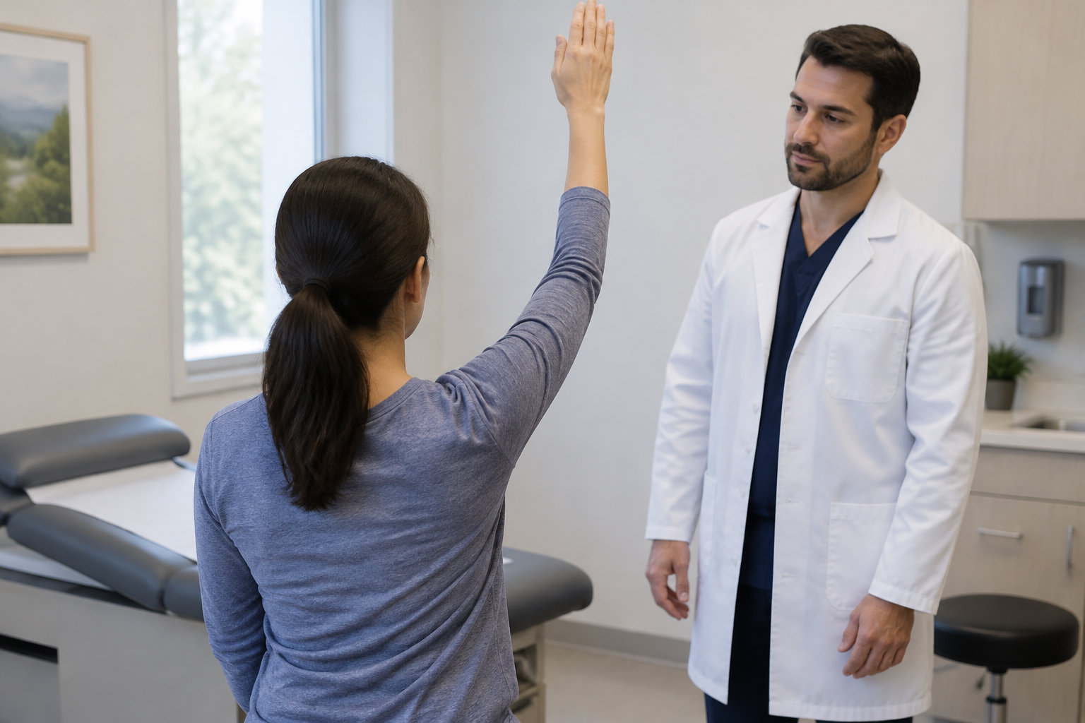Une femme assise lève un bras tandis qu’un médecin en blouse blanche l’observe dans un cabinet médical.