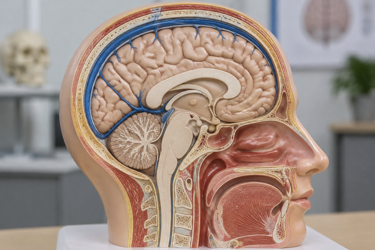 Modèle anatomique en coupe sagittale d’une tête humaine montrant le cerveau, les voies nasales, la bouche et la colonne cervicale.